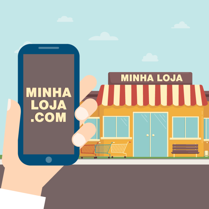 loja ao fundo e celular com dominio em primeiro plano