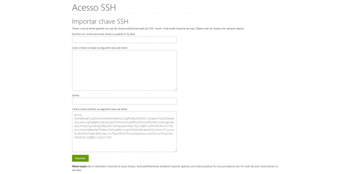 Inserção de chavs SSH no cPanel