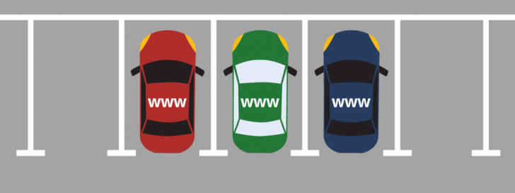 Ilustração de carros estacionados com o texto www sobre o capô dos veículos