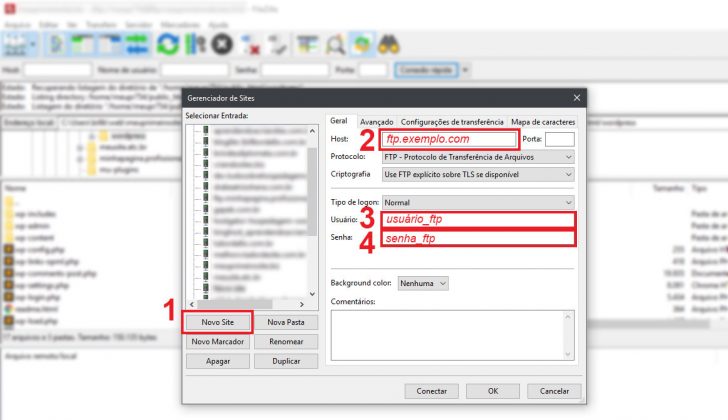 Adicionando um novo site no Filezilla