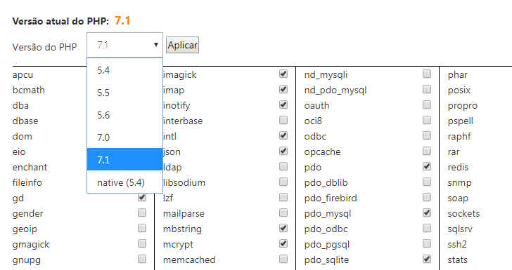Área de alteração da versão do PHP no cPanel da GoDaddy