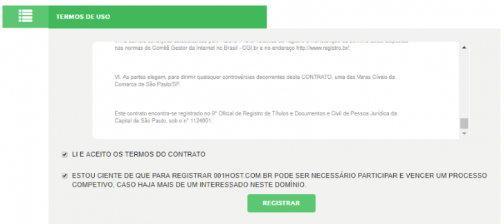 É necessário aceitar os termos de uso do Registro.br