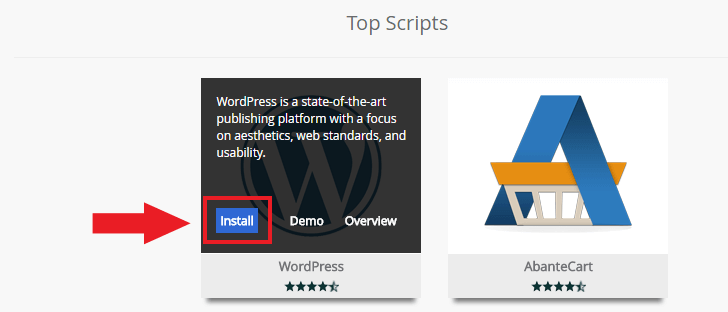 Botão para instalação do WordPress no Softaculous