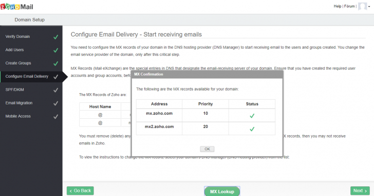 Tela de confirmação das entradas MX no painel de administração Zoho