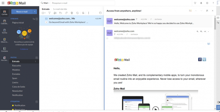 Mensagem aberta no webmail Zoho