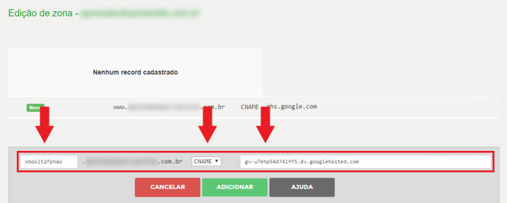 Exemplo de inserção da entrada do tipo CNAME no Registro.br