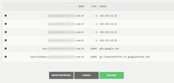 Tela exibindo todas as entradas do domínio no Registro.br