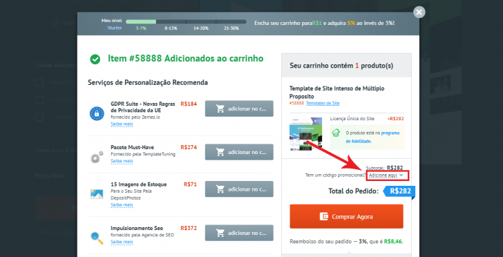 Passo 3 para uso do cupom TemplateMonster