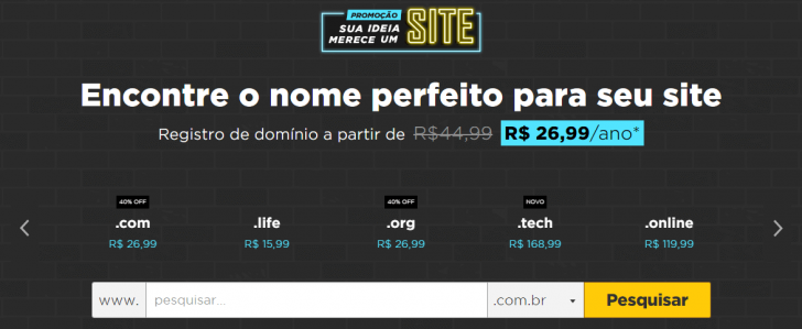 Página de registro de domínio da HostGator