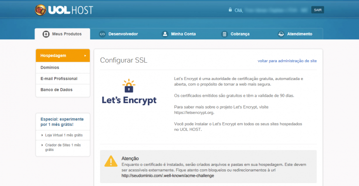 Tela de instalação do certificado SSL Let’s Encrypt na UOL Host
