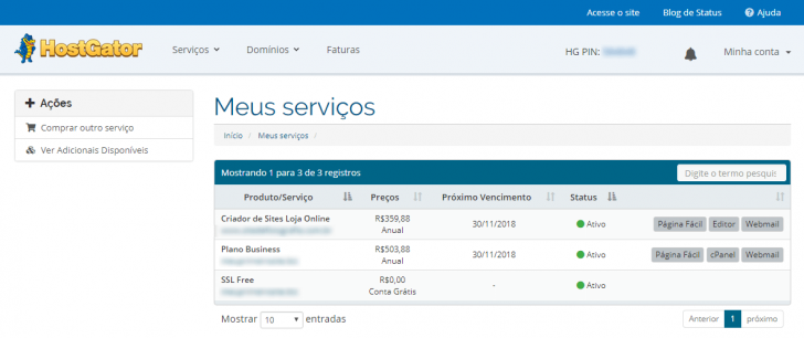 Painel do cliente HostGator