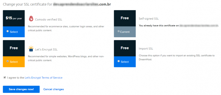 Tela de instalação de certificados SSL na DreamHost