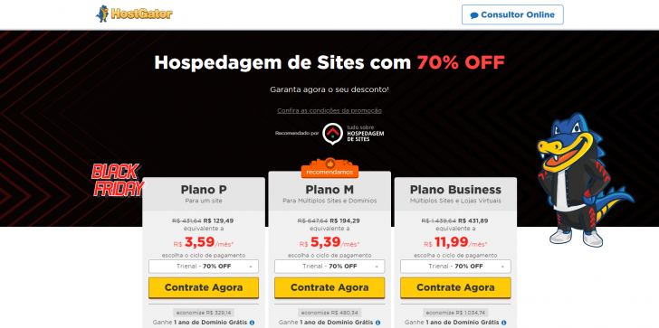 Hospedagem de sites Hostgator - 70% de desconto na Black Friday
