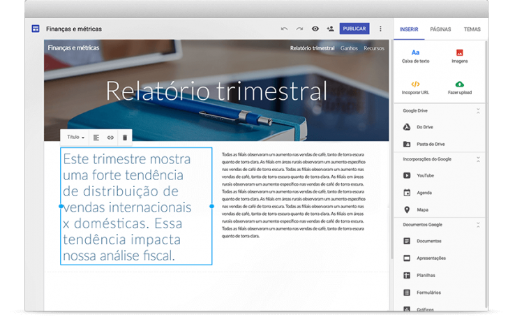 Tela de edição do Google Sites