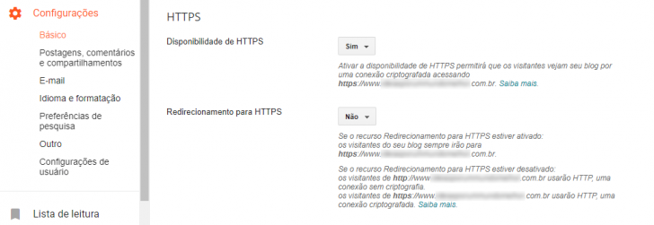 Menu para ativar a disponibilidade de HTTPS no painel do Blogger