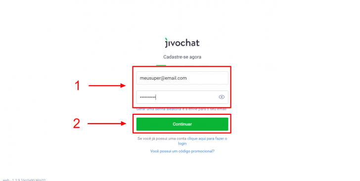 Passo inicial do cadastro antes de usar o cupom JivoChat