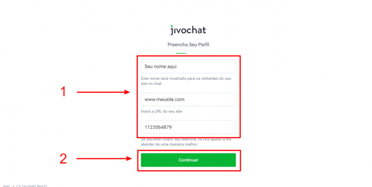 Campos para informar o nome, site e o telefone, no site JivoChat