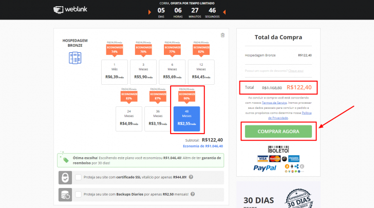 Carrinho de compras da WebLink, com os ciclos de pagamento disponíveis