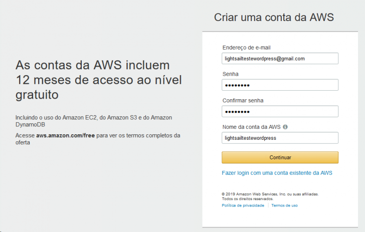 Página de cadastro na AWS (Serviços Web da Amazon)