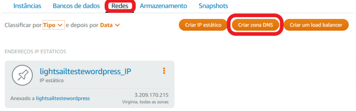 Criar uma Zona DNS para o seu WordPress no Amazon Lightsail.