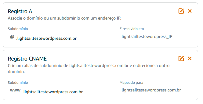 Registros criados na Zona DNS.