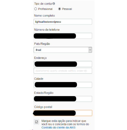 Dados pessoais solicitados para criar um usuário na AWS (Serviços Web da Amazon)