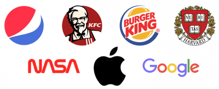 Logotipos de grandes marcas, como Pepsi, KFC, Burger King, Harvard, Nasa, Apple e Google.