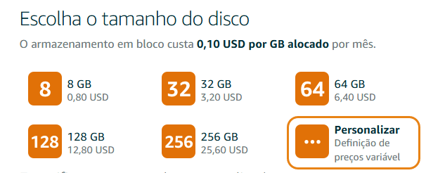 Tela dos planos de armazenamento da Amazon.