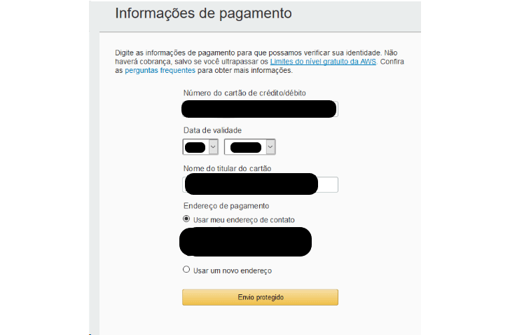 Dados de pagamento solicitados para criar um usuário no site da AWS (Serviços Web da Amazon)