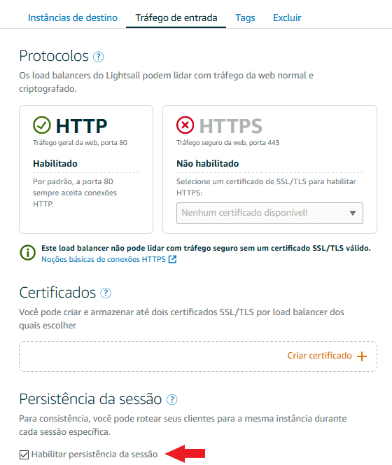 Habilitando a persistência da sessão no Load Balancer.