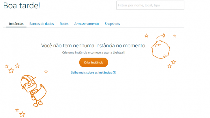 Página inicial do Amazon Lightsail na tela logada.