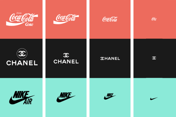 Logotipos da Coca-Cola, Chanel e Nike em tamanho normal e reduzidos gradualmente.