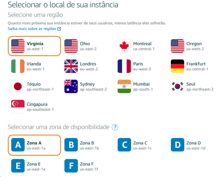 Locais para instalar sua instância do Lightsail.