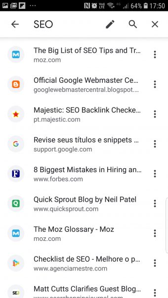 Páginas favoritas no Chrome acessadas de um celular com Android