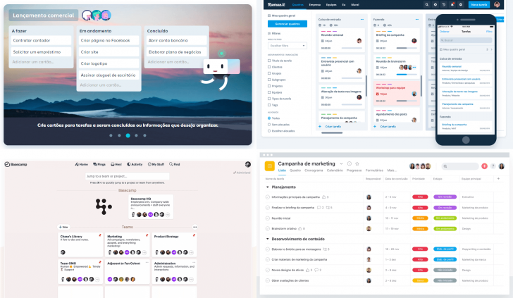 Exemplos de gerenciadores de tarefas e projetos. Em sentido horário, da esquerda para a direita: Trello, RunRun.it, Asana e Basecamp