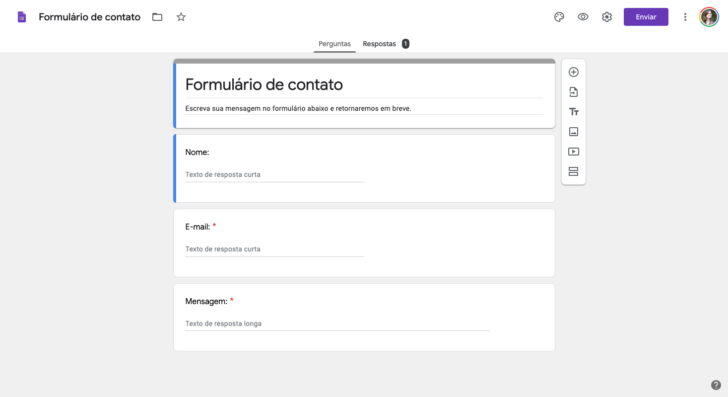 Exemplo de formulário de contato criado pelo Formulários Google