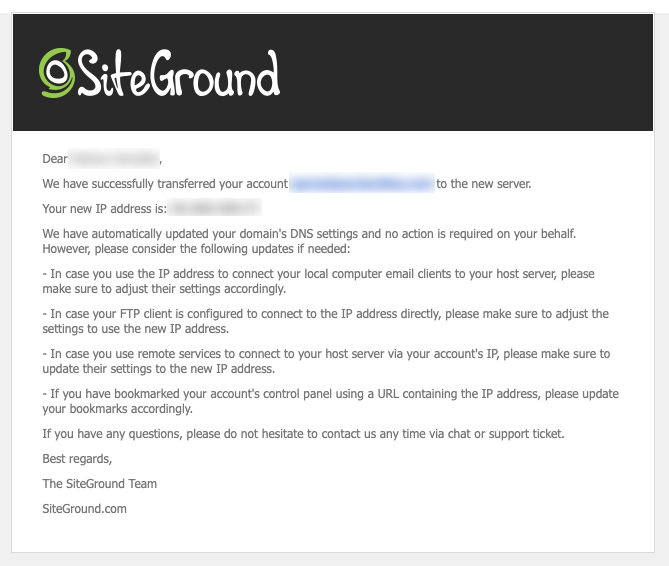 E-mail da SiteGround informando que a conta foi migrada com sucesso