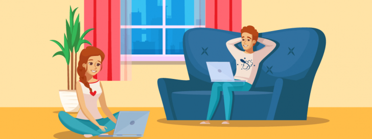 Ilustração de um casal na sala de estar com computadores no colo