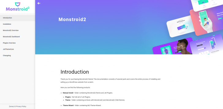 Página inicial com a documentação do tema Monstroid2