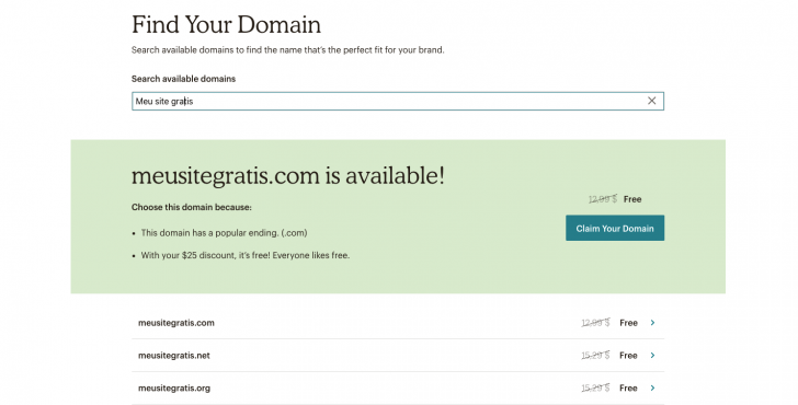 Tela de registro de domínio no site Mailchimp