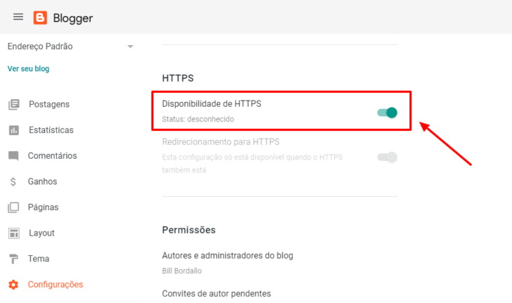 Opção disponibilidade de HTTPS exibida no painel do Blogger