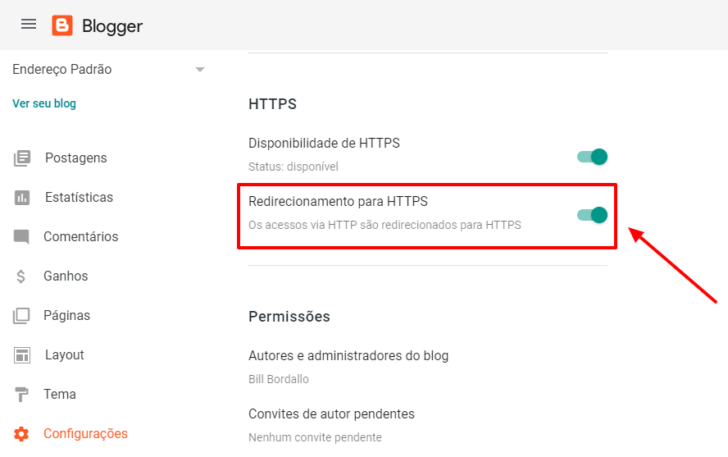 Tela com a opção de redirecionamento para HTTPS no painel do Blogger