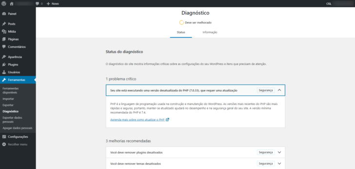 captura de tela do painel de diagnóstico do WordPress