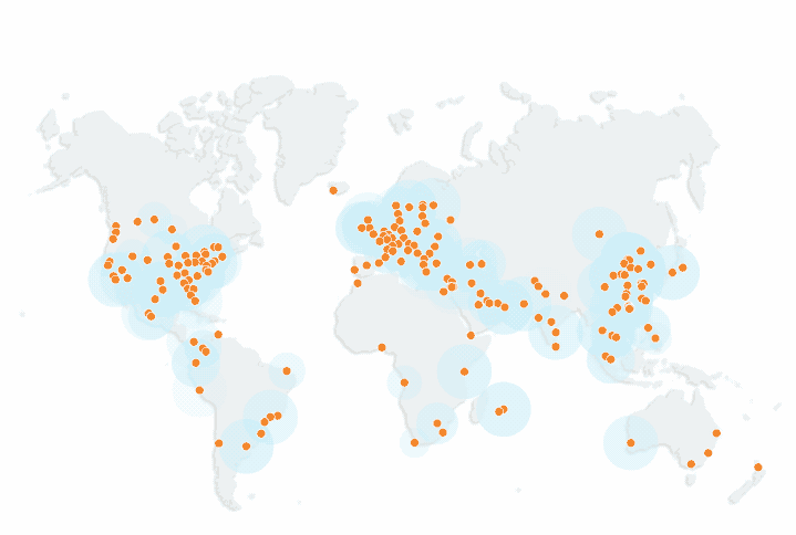 Mapa mundi com a localização dos data centers da CloudFlare destacados