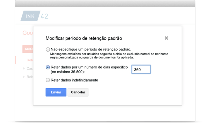 Tela exibindo as opções de período de retenção de dados do Vault