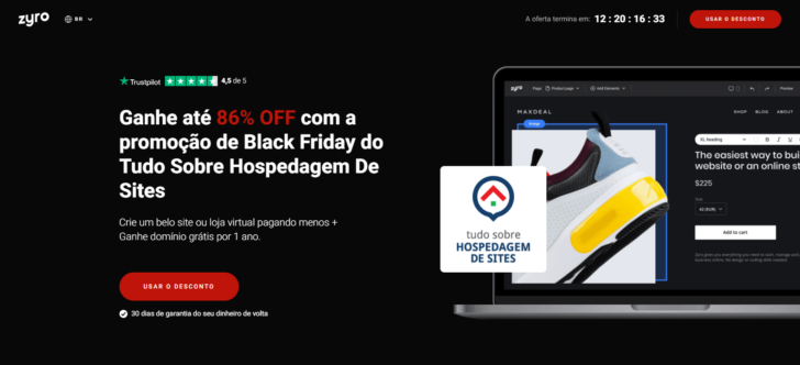 Na Black Friday 2020, o criador de sites Zyro está oferecendo 86% de desconto em parceria com o TSHS