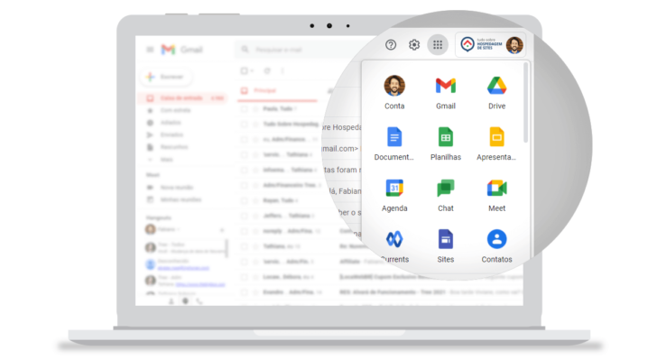 Tela do Gmail com zoom nas ferramentas disponíveis no Google Workspace