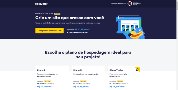 Exemplo de página promocional no site da HostGator