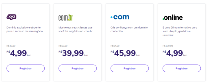 Exemplos de preços de registro de domínios no site da Hostinger