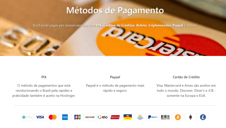 Métodos de pagamento aceitos pela Hostinger no Brasil
